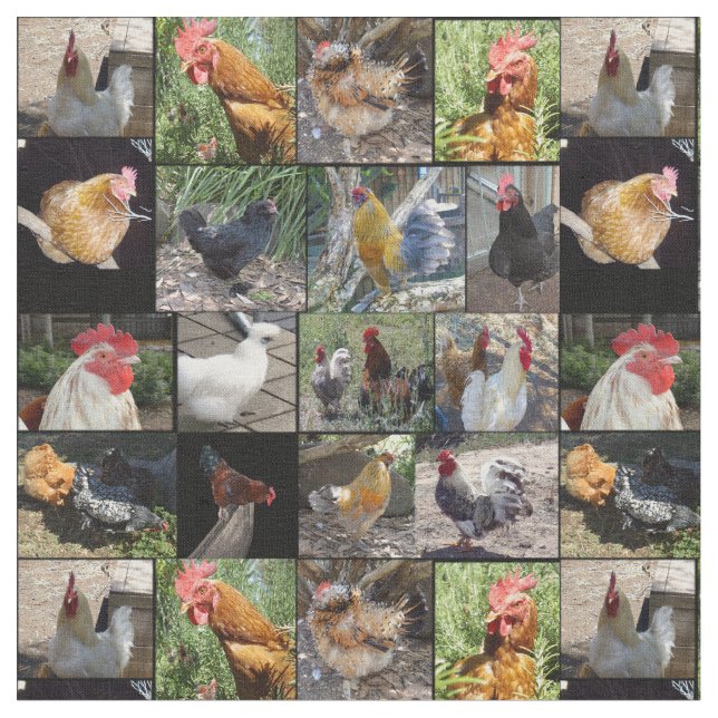 Chickens And Roosters Photo Collage, Fabric (Close Up)