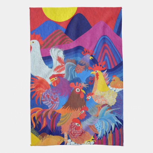 Chickens and Roosters Tea Towel (Vertical)