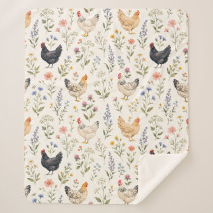 Chickens and Wildflowers Country Garden Farm Sherpa Blanket