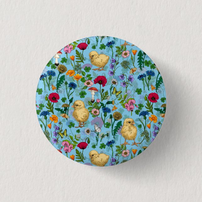 Chickens and wildflowers on baby blue 3 cm round badge (Front)