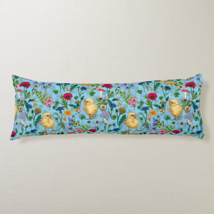 Chickens and wildflowers on baby blue body cushion