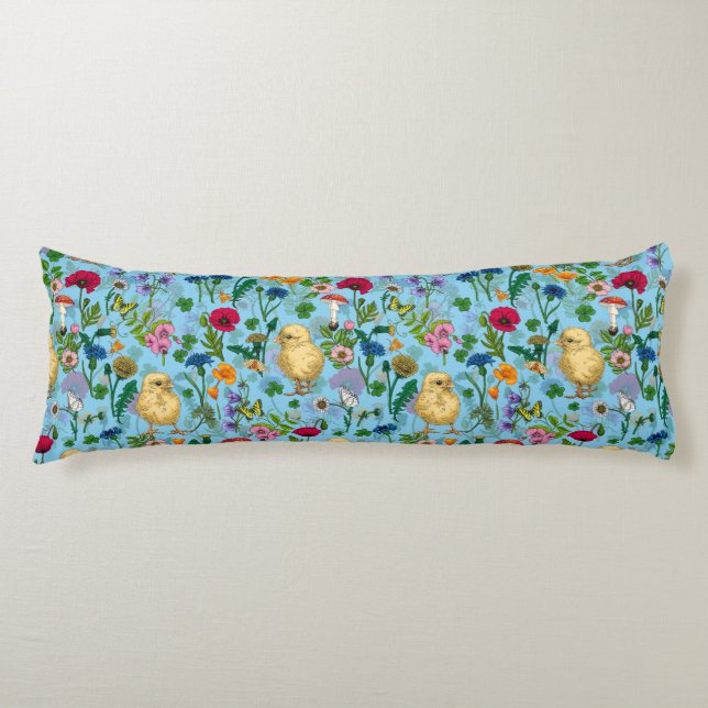 Chickens and wildflowers on baby blue body cushion (Front)