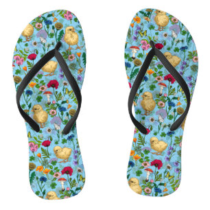 Chickens and wildflowers on baby blue jandals