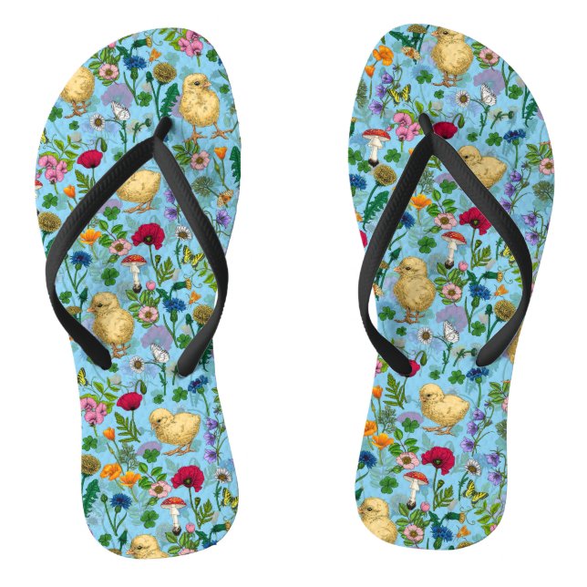 Chickens and wildflowers on baby blue jandals (Footbed)