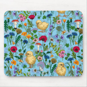 Chickens and wildflowers on baby blue mouse pad