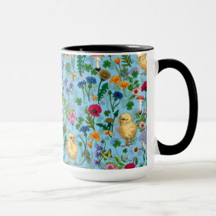 Chickens and wildflowers on baby blue mug