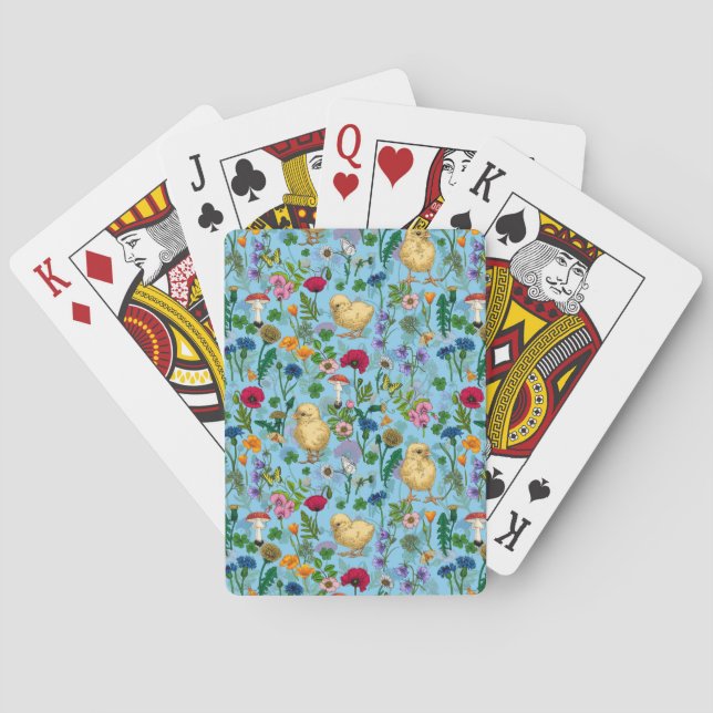Chickens and wildflowers on baby blue playing cards (Back)