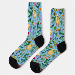 Chickens and wildflowers on baby blue socks