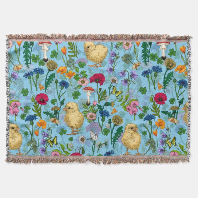 Chickens and wildflowers on baby blue throw blanket (Front)