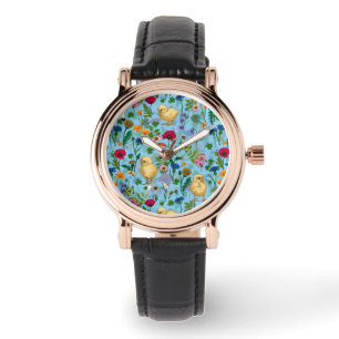 Chickens and wildflowers on baby blue watch