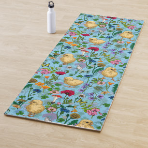 Chickens and wildflowers on baby blue yoga mat