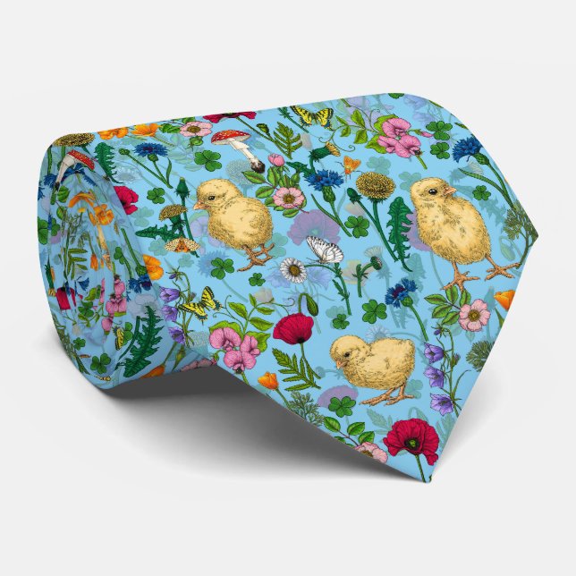 Chickens and wildflowers on baby blueHand-drawn ch Tie (Rolled)