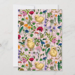 Chickens and wildflowers on cotton candy pink