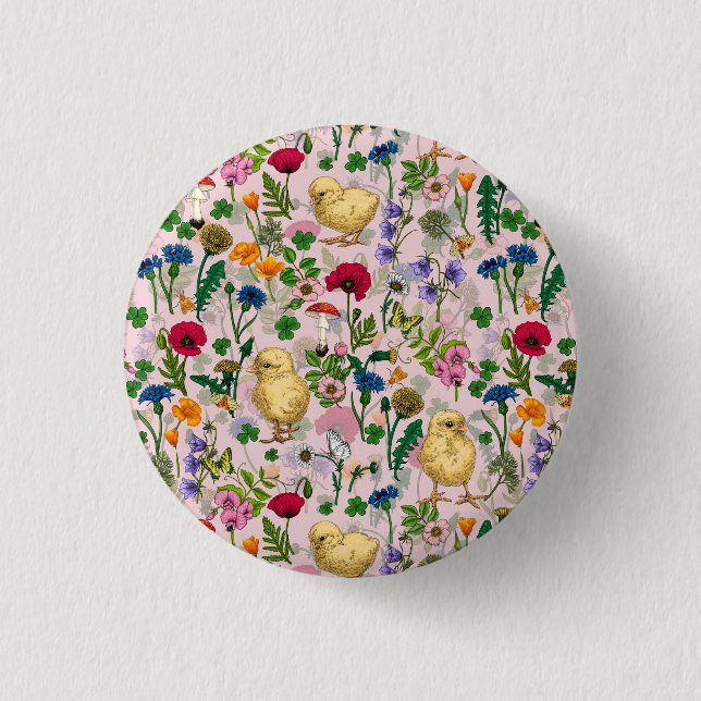 Chickens and wildflowers on cotton candy pink 3 cm round badge (Front)