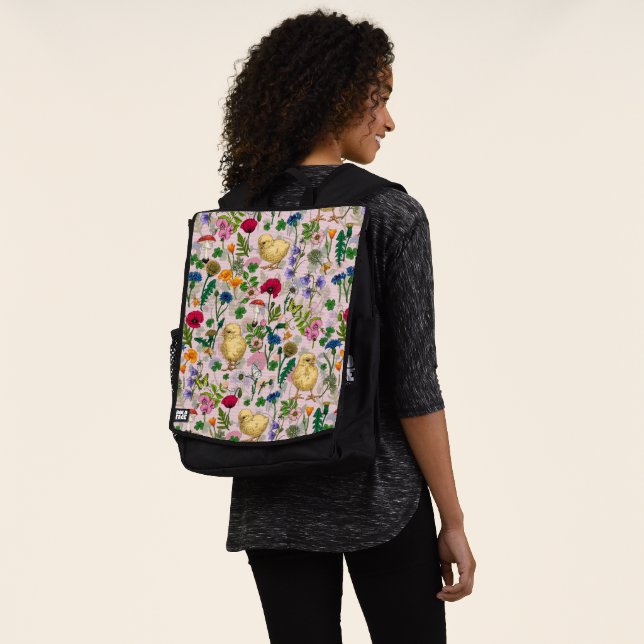 Chickens and wildflowers on cotton candy pink backpack (Worn)