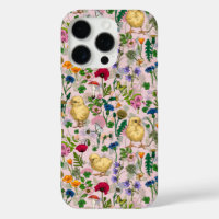 Chickens and wildflowers on cotton candy pink