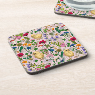 Chickens and wildflowers on cotton candy pink coaster