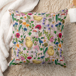 Chickens and wildflowers on cotton candy pink cushion
