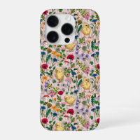 Chickens and wildflowers on cotton candy pink