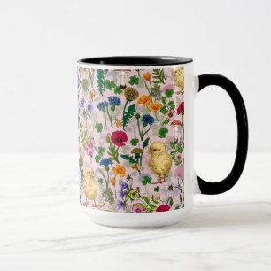 Chickens and wildflowers on cotton candy pink mug