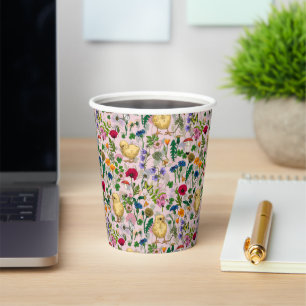 Chickens and wildflowers on cotton candy pink paper cups