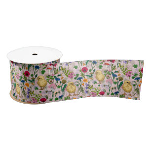 Chickens and wildflowers on cotton candy pink satin ribbon