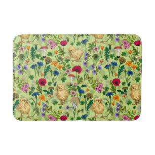 Chickens and wildflowers on honey dew green bath mat