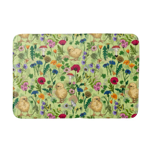 Chickens and wildflowers on honey dew green bath mat (Front)