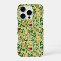 Chickens and wildflowers on honey dew green