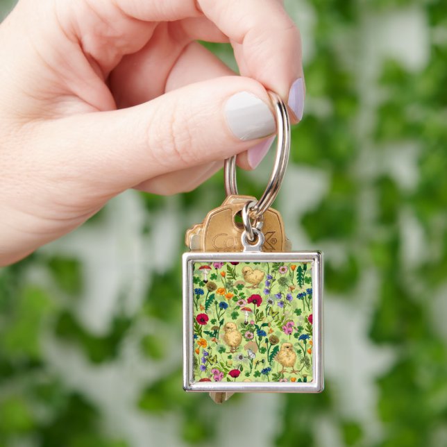 Chickens and wildflowers on honey dew green key ring (Hand)