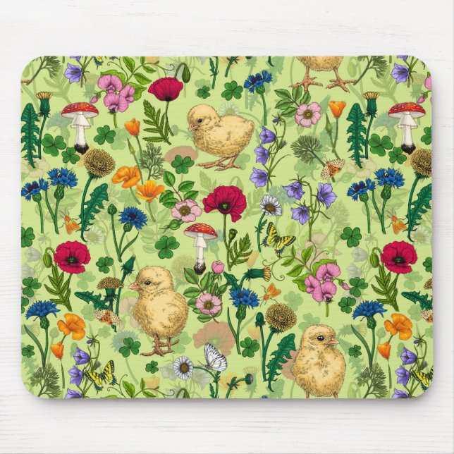 Chickens and wildflowers on honey dew green mouse pad (Front)