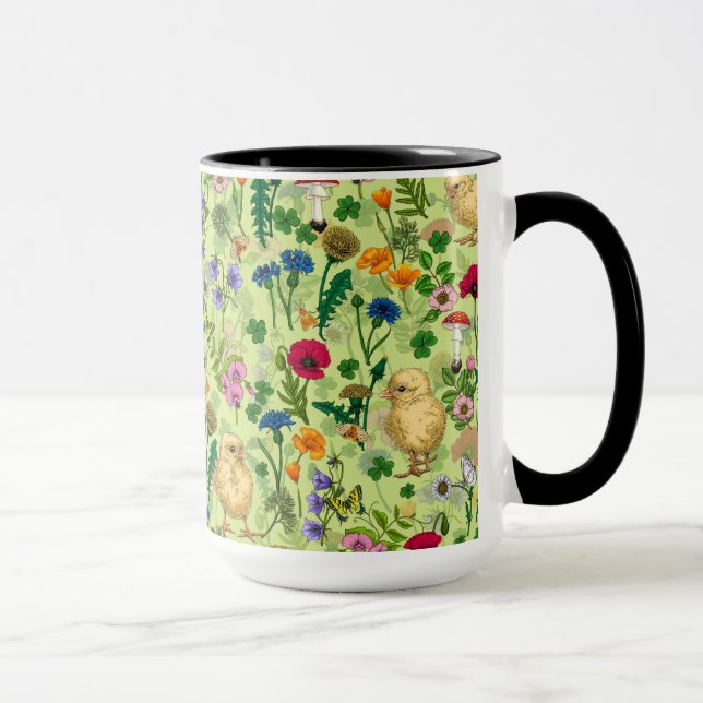 Chickens and wildflowers on honey dew green mug (Right)