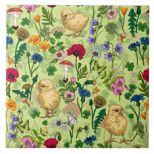 Chickens and wildflowers on honey dew green tile (Front)