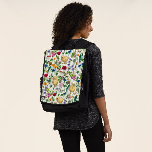 Chickens and wildflowers on off white backpack