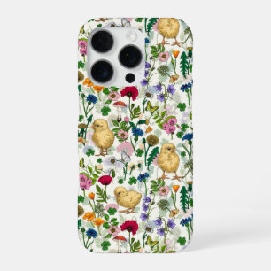 Chickens and wildflowers on off white iPhone 16 pro case