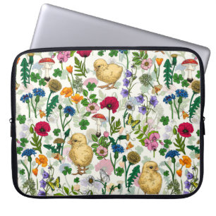 Chickens and wildflowers on off white laptop sleeve