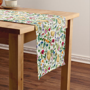 Chickens and wildflowers on off white short table runner