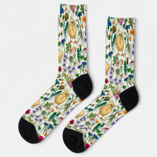 Chickens and wildflowers on off white socks
