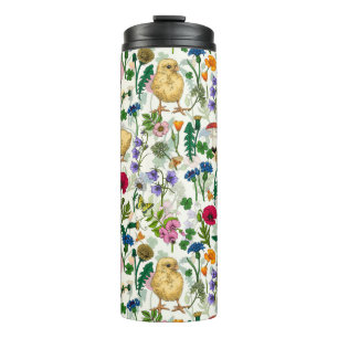 Chickens and wildflowers on off white thermal tumbler
