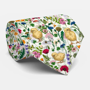 Chickens and wildflowers on off white tie