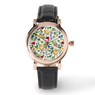 Chickens and wildflowers on off white watch
