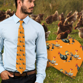 Chickens Birds Farm Pattern Orange Tie
