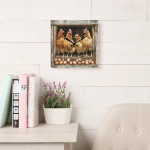Chickens Brown Eggs Hay Chicken Coop Square Wall Clock