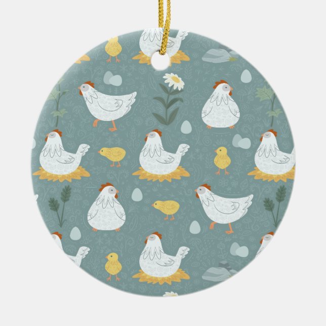Chickens Dreaming in the Coop in Teal  Ceramic Tree Decoration (Front)