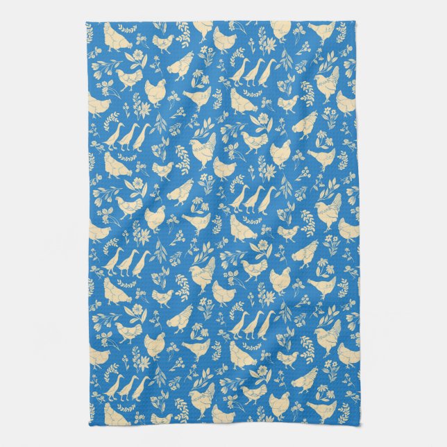 Chickens & Ducks in Classic Blue Kitchen Towel (Vertical)