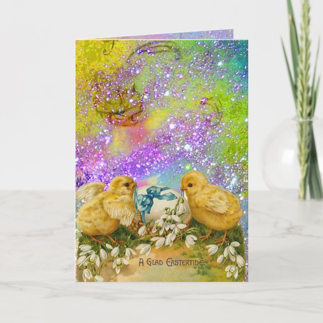 CHICKENS,FLOWERS EASTER EGG IN GOLD PURPLE SPARKLE HOLIDAY CARD (Front)