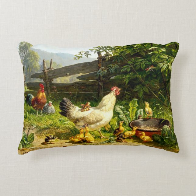 Chickens Hen Rooster & Baby Chicks On Farm Decorative Cushion (Front)