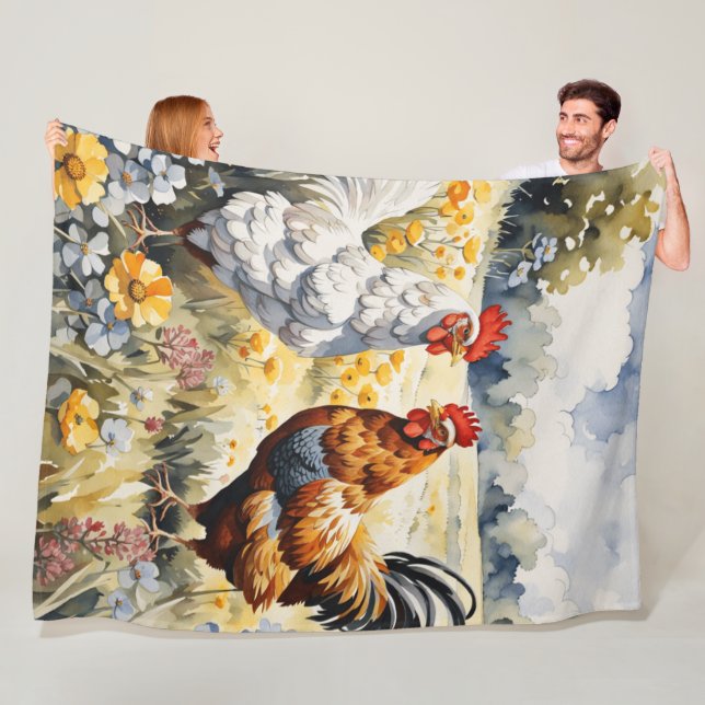 "Chickens in Bloom: Enchanting Fleece Blanket (In Situ)
