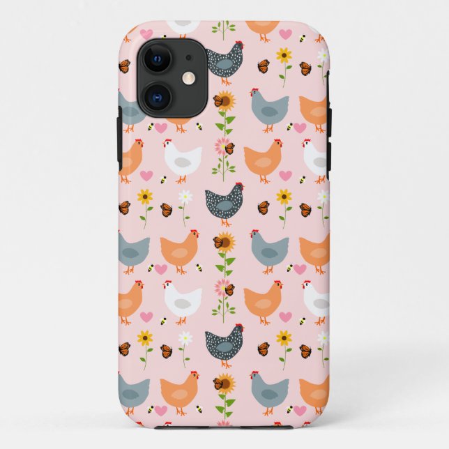 Chickens in the Flowers Pink iPhone 11 Case (Back)