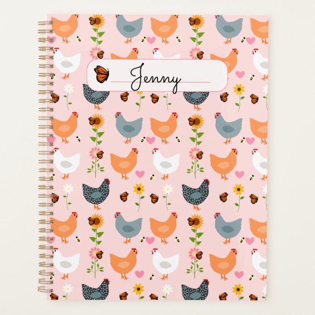Chickens in the Flowers Pink Personalised Planner (Front)